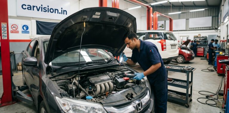 Car mechanic near me inspecting a vehicle engine at a professional auto repair workshop