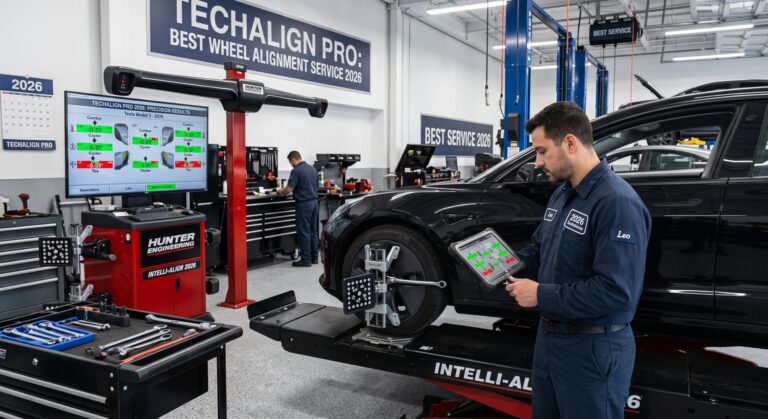 Technician performing computerized wheel alignment on a car at the best wheel alignment service 2026